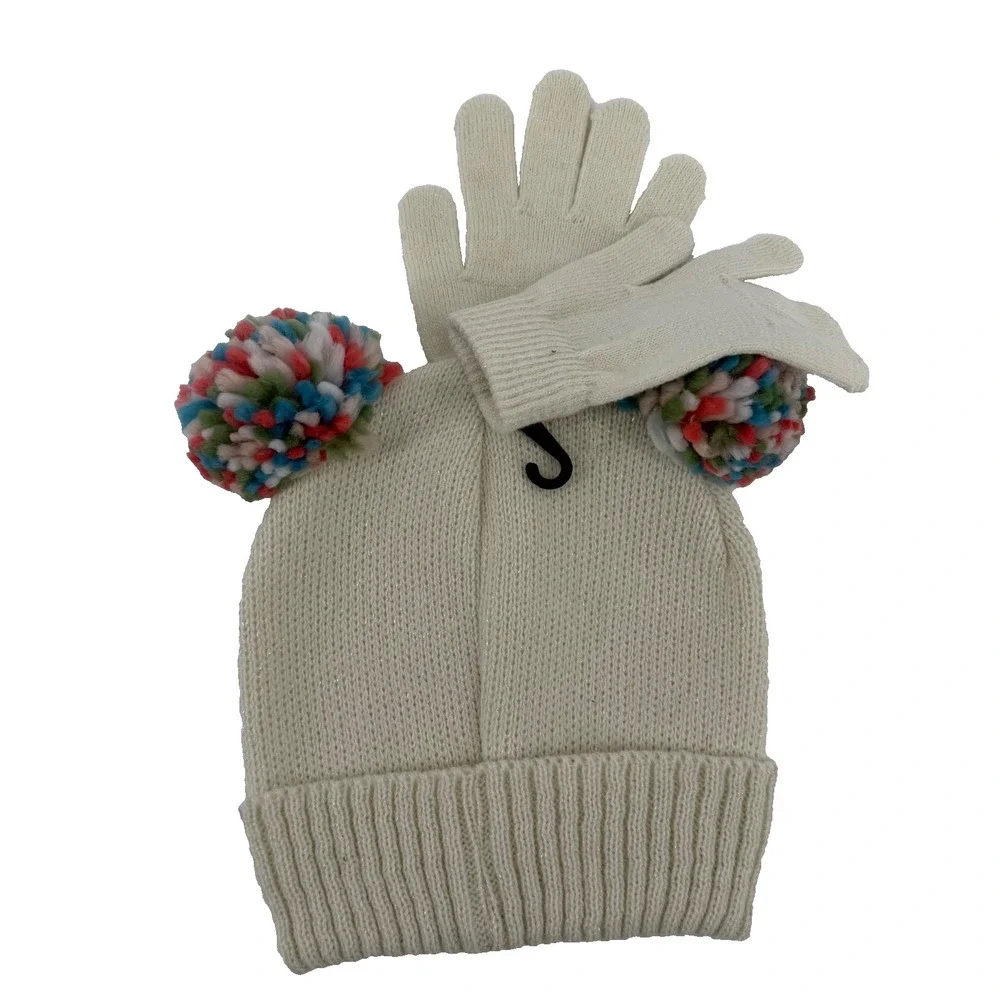Tahari Girl Pom Pom Hat Gloves Set Ivory Knit Winter Beanie Sparkle NWT